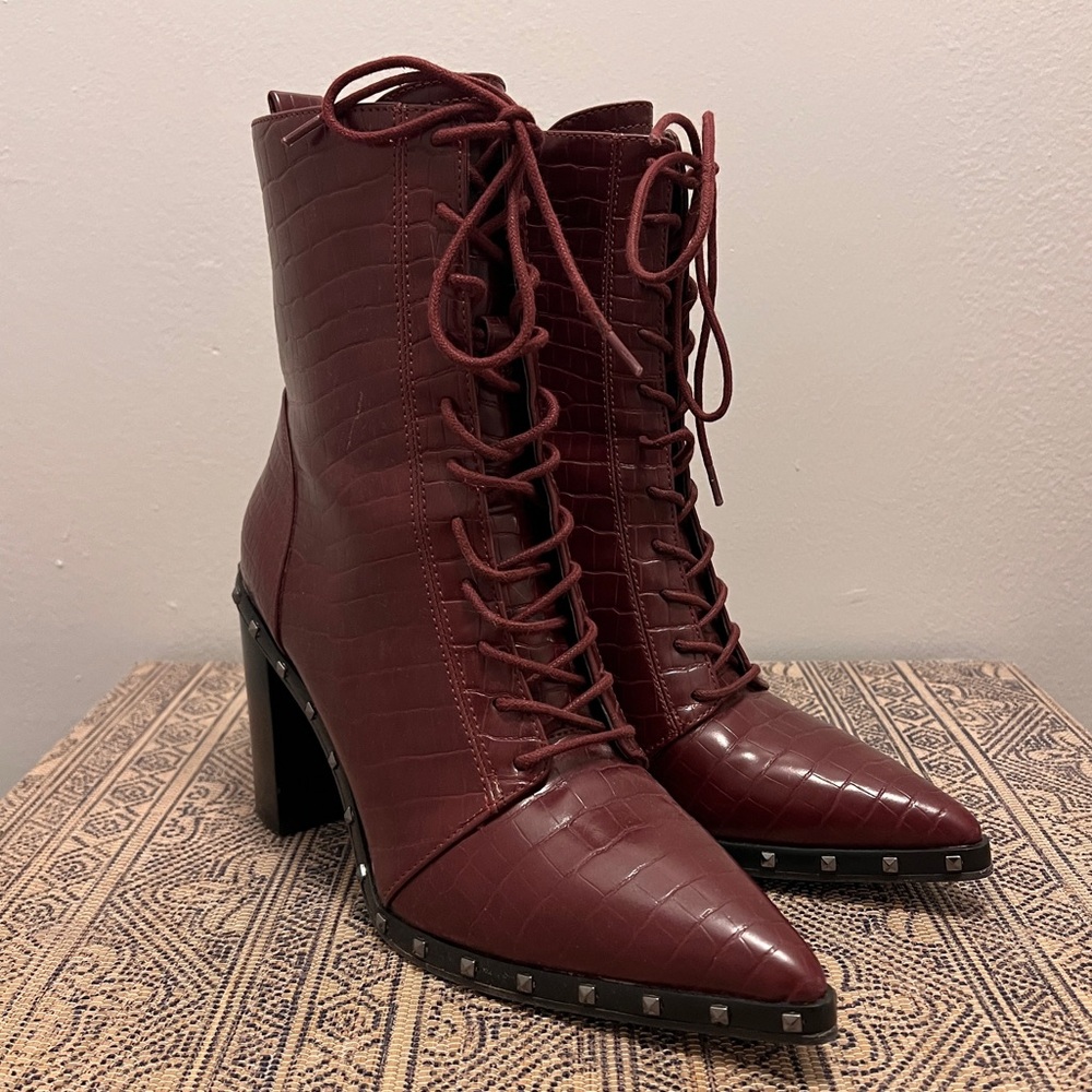 Charles David Burgundy Lace-Up Croc-Embossed Ankle Boots